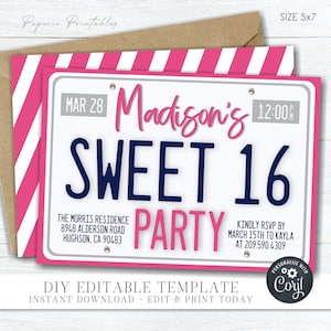 EDITABLE Sweet 16th Birthday License Plate Invitation, License Plate Birthday Invitation, 16 Birthday Invitation, DIY Edit with Corjl- #BP75