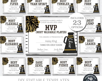 Editable Cheerleading Award Certificate: Black & Gold Team Awards (DIY Corjl Template) - #CO38