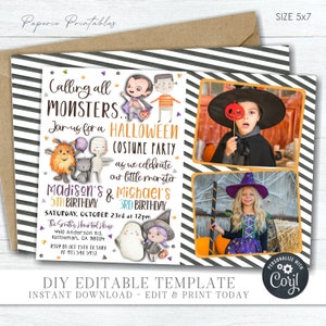 EDITABLE Siblings Halloween Birthday Invitation, Calling all Monsters Birthday, Halloween Birthday Costume Party - DIY with Corjl - #BP128