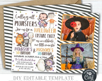 May include: A Halloween party invitation with a black and white striped background. The invitation features a cartoon illustration of monsters and the text "Calling all MONSTERS... Join us for a HALLOWEEN COSTUME PARTY as we celebrate our little monster Madison's 5th Birthday & Michael's 3rd Birthday Saturday, October 23rd at 12pm The Smiths Hortal House 4410 Anderson Rd. Kettleman, CA 98034 RSVP by Oct 15th to Sara at 913.590.5932". There are two photo placeholders for pictures of children in costumes.