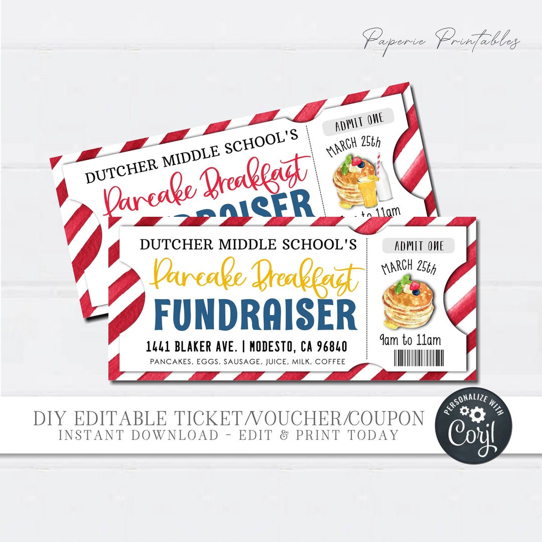 EDITABLE Pancake Breakfast Fundraising Tickets, Pancake Breakfast