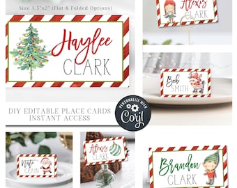 May include: Printable Christmas place cards with a red and white striped background. The cards feature a variety of Christmas illustrations, including a Christmas tree, Santa Claus, an elf, and a reindeer. The text on the cards includes names like "Haylee Clark", "Alexis Clark", "Nate Crain", "Bob Smith", and "Brandon Clark".