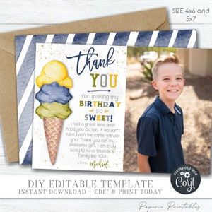 Ice Cream Birthday Thank You Card: Boy Party Template (DIY Editable with Corjl) #BP71