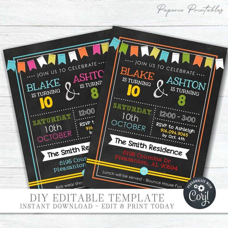 EDITABLE Siblings Birthday Invitation Sisters Birthday Etsy