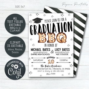 May include: A black and white graduation party invitation with a black and white striped background. The invitation says "Please join us for a Graduation BBQ" in honor of Michael Bates and Lucy Bates. The party is on Saturday, August 10th at 12:00 PM at The Bates Residence, 8490 Henderson Rd. I Modesto, CA 94032. RSVP to Shelly at 294.405.4302. Class of 2023.