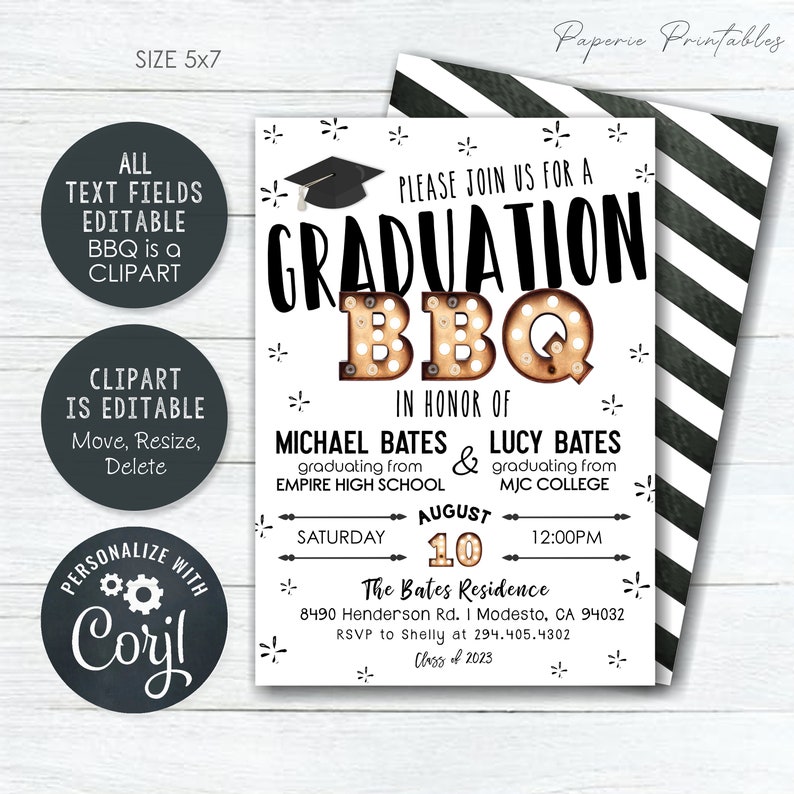 May include: A black and white graduation party invitation with a black and white striped background. The invitation says "Please join us for a Graduation BBQ" in honor of Michael Bates and Lucy Bates. The party is on Saturday, August 10th at 12:00 PM at The Bates Residence, 8490 Henderson Rd. I Modesto, CA 94032. RSVP to Shelly at 294.405.4302. Class of 2023.