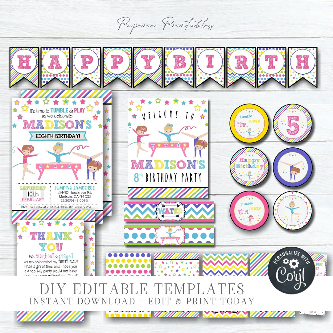 EDITABLE Gymnastics Birthday Bundle - DIY Gymnastic Party Printables ...