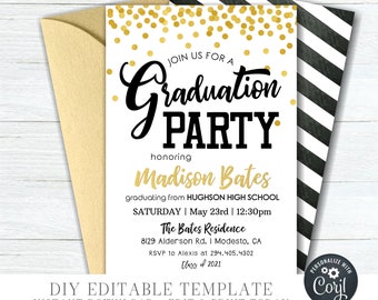 May include: A printable graduation party invitation with a gold confetti background. The invitation is for Madison Bates, graduating from Hughson High School on May 23rd at 12:30pm. The party will be held at The Bates Residence, 8129 Alderson Rd. in Modesto, CA. RSVP to Alexis at 294.405.4302. Class of 2021.