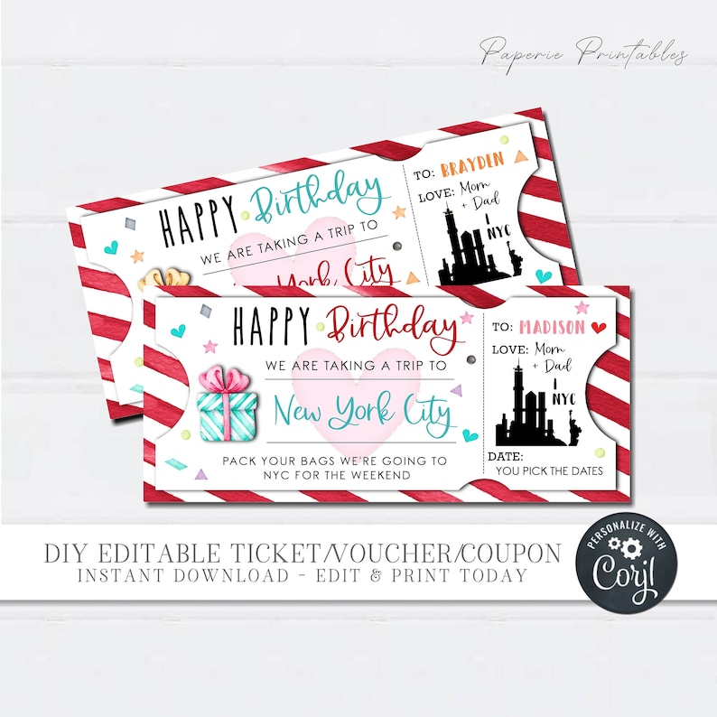 EDITABLE NYC Trip Gift Voucher Birthday Gift Coupon New York Etsy