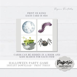 May include: Printable Halloween party game cards featuring a moon, worm, cauldron, and spider. The cards are designed to be printed on 8.5x11 inch paper and cut into 4x4 inch cards. The text on the cards reads "Print on 8.5x11, Each card is 4x4, Cards can be hidden in a room and kids search for each item, Halloween party game, Instant download - Print today, Paperie Printables, www.Etsy.com".