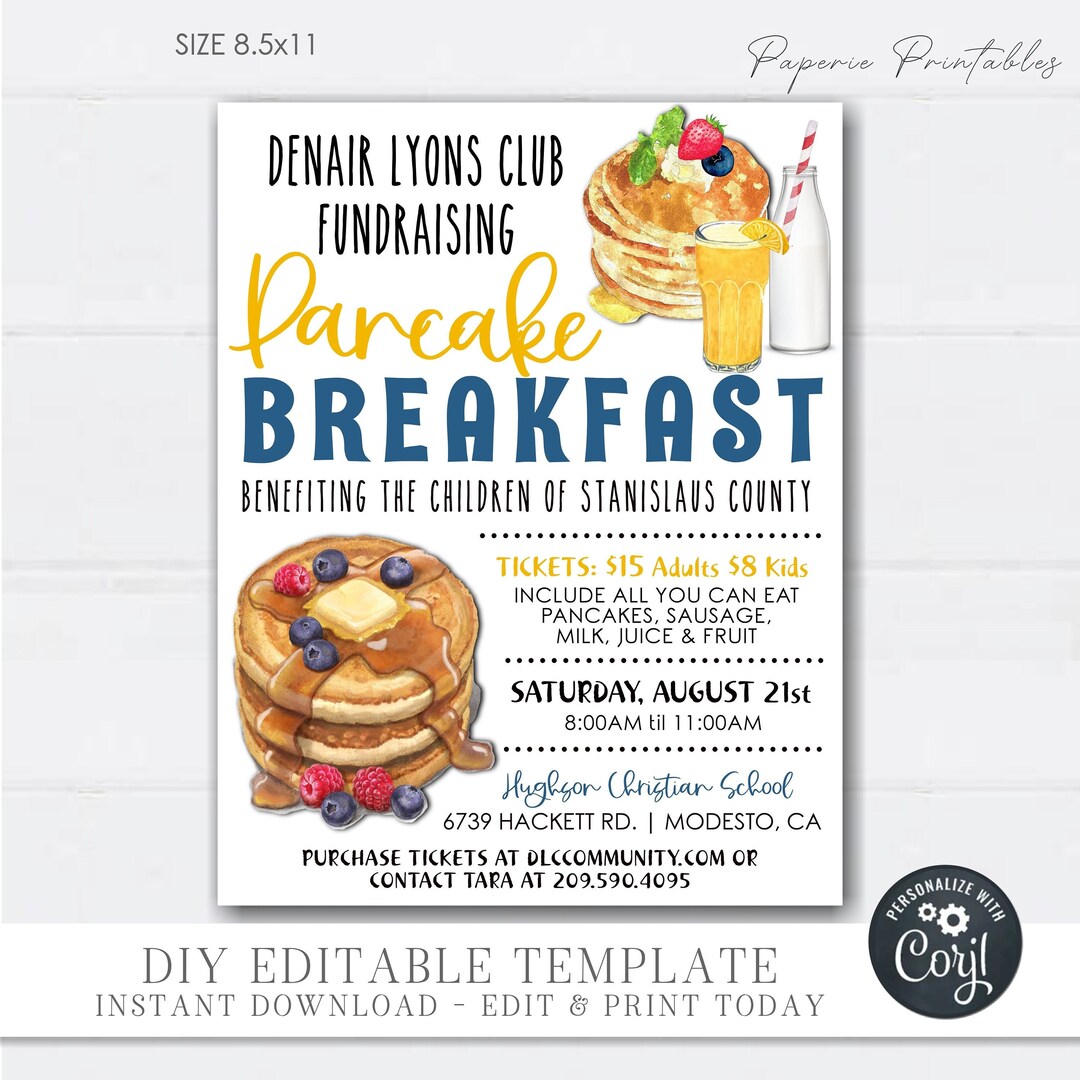 EDITABLE Pancake Breakfast Fundraiser, Pancake Breakfast Flyer