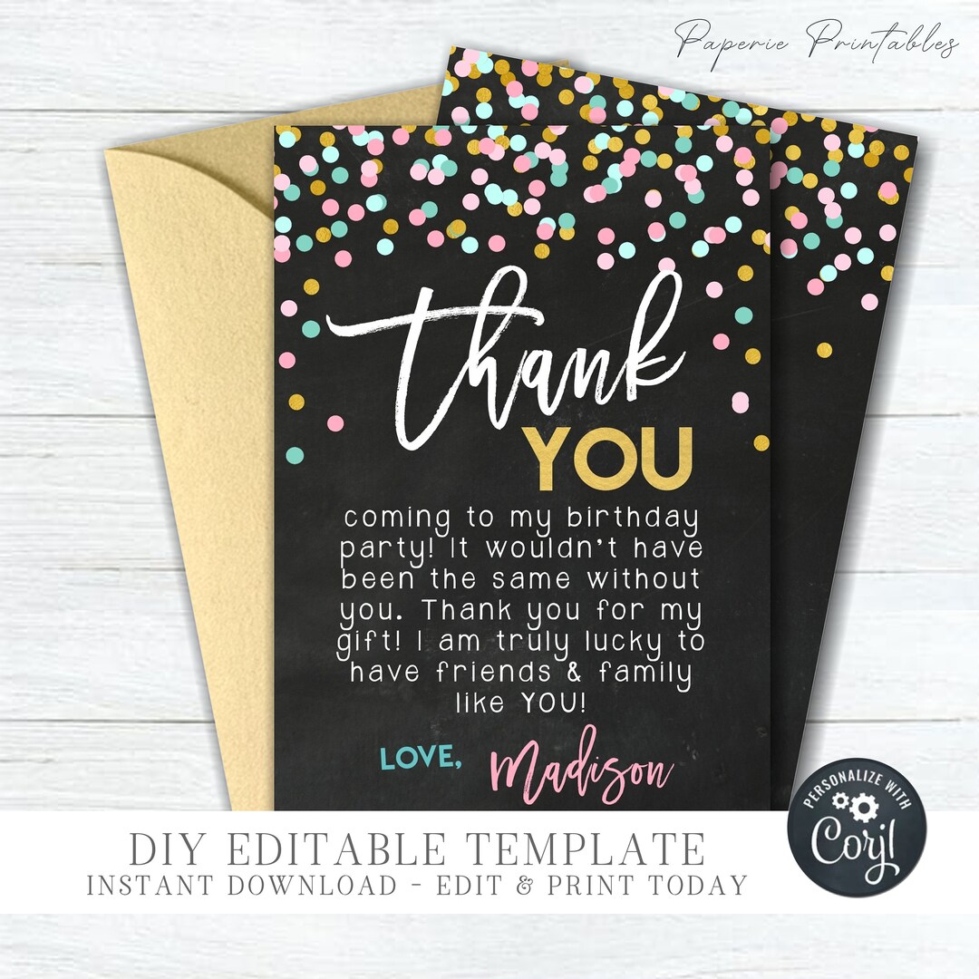 EDITABLE Confetti Birthday Thank You Card Confetti Thank You Template ...