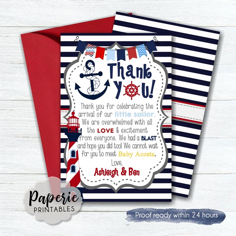 Nautical Baby Shower Thank You Card Little Sailor Thank You Etsy