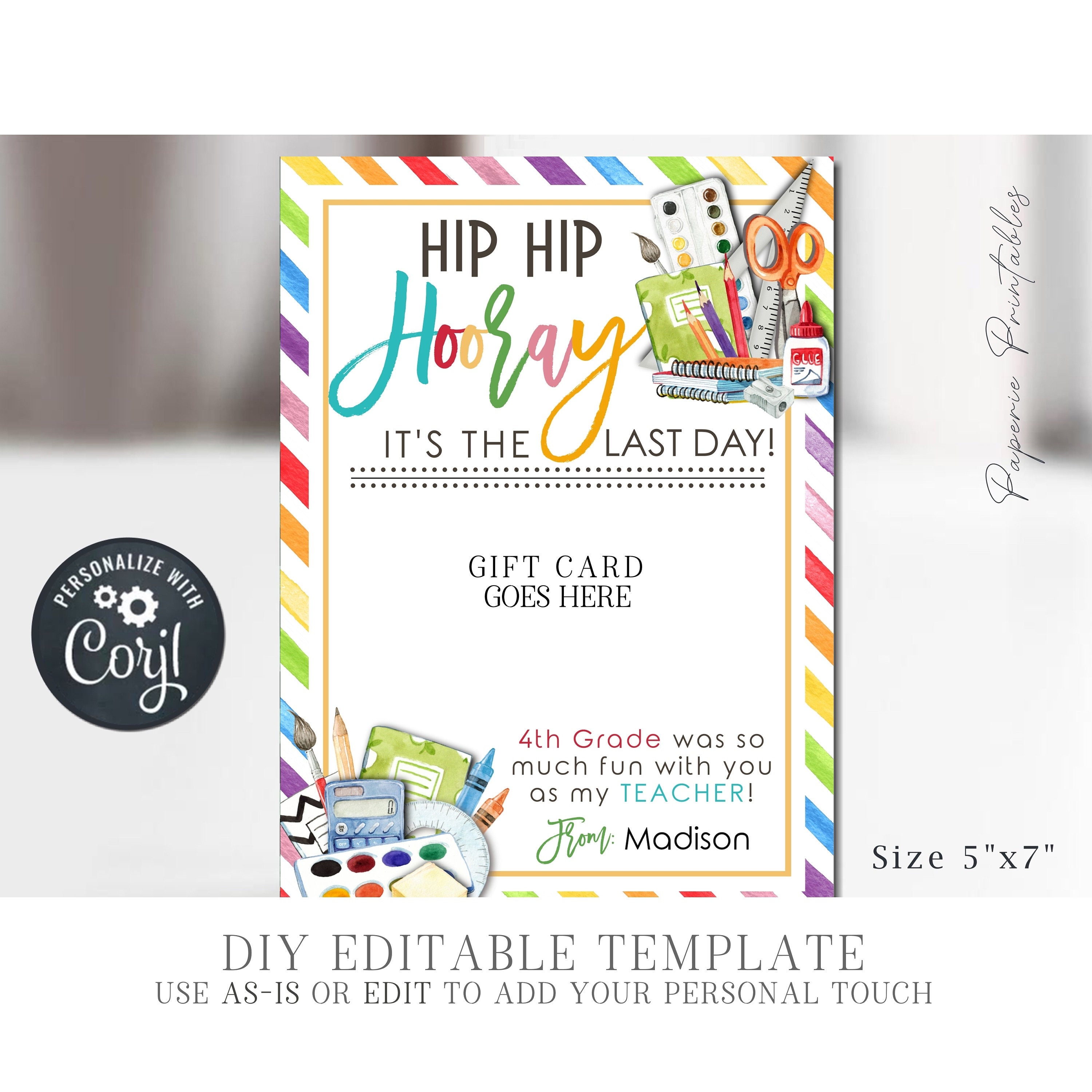 EDITABLE Last Day of School Teacher Appreciation Gift Card, Teacher ...