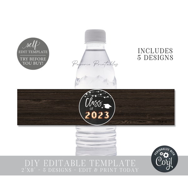 EDITABLE Graduation 2024 Water Bottle Wraps, Class of 2023 Water Bottle Labels, Graduation Labels, Graduation Party Decor, Edit CORJL #GP47