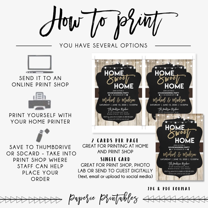 May include: How to print a housewarming party invitation. The invitation features a rustic wood background with a black chalkboard sign that says "Home Sweet Home". The invitation is available in JPG and PDF format.