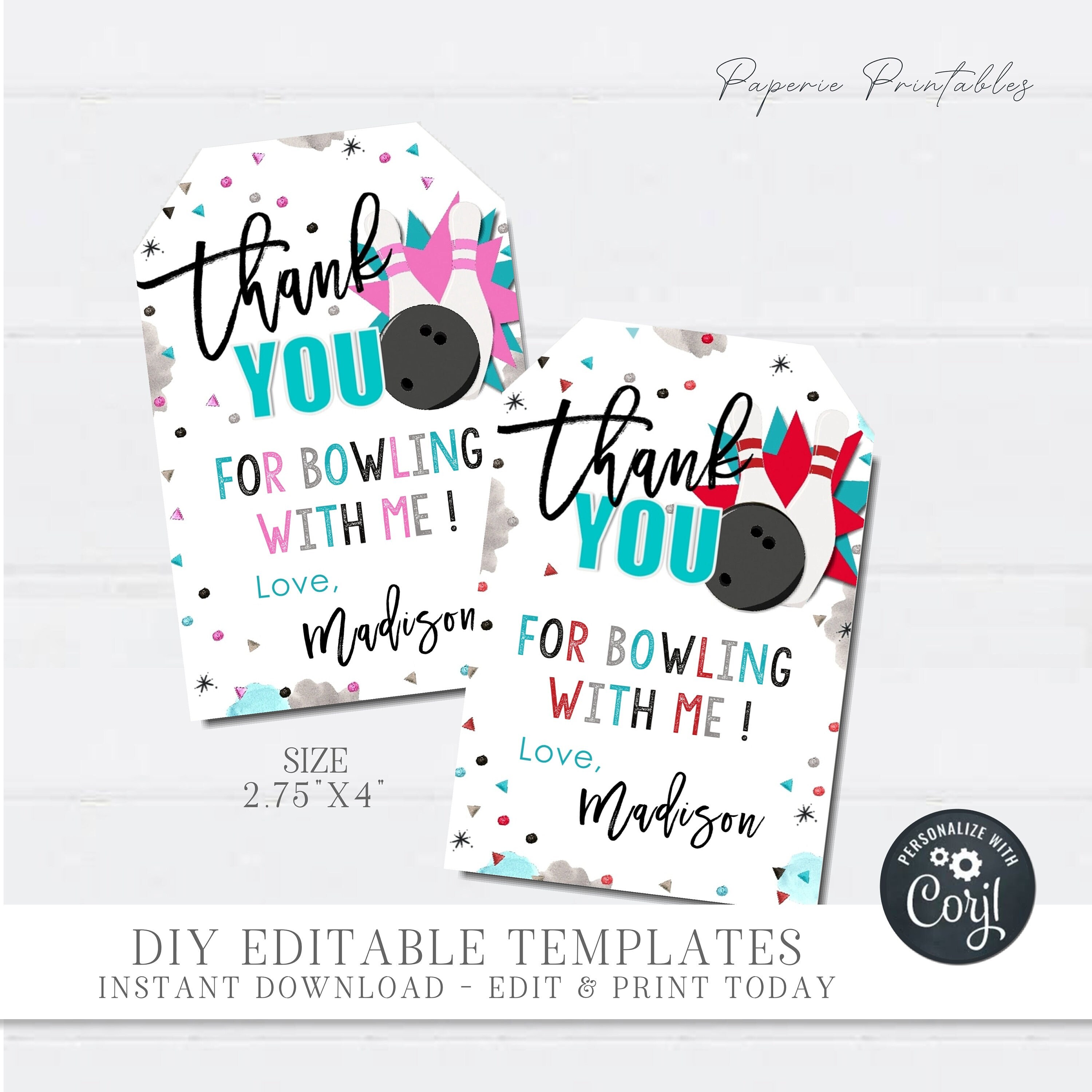 Editable Bowling Party Favor Tags: DIY Birthday Thank You (digital