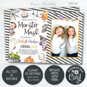 May include: A Halloween party invitation with a black and white striped background. The invitation features a photo frame, a cute monster theme, and the text "You're invited to a Monster Mash to celebrate Bailey & Madison turning five!"