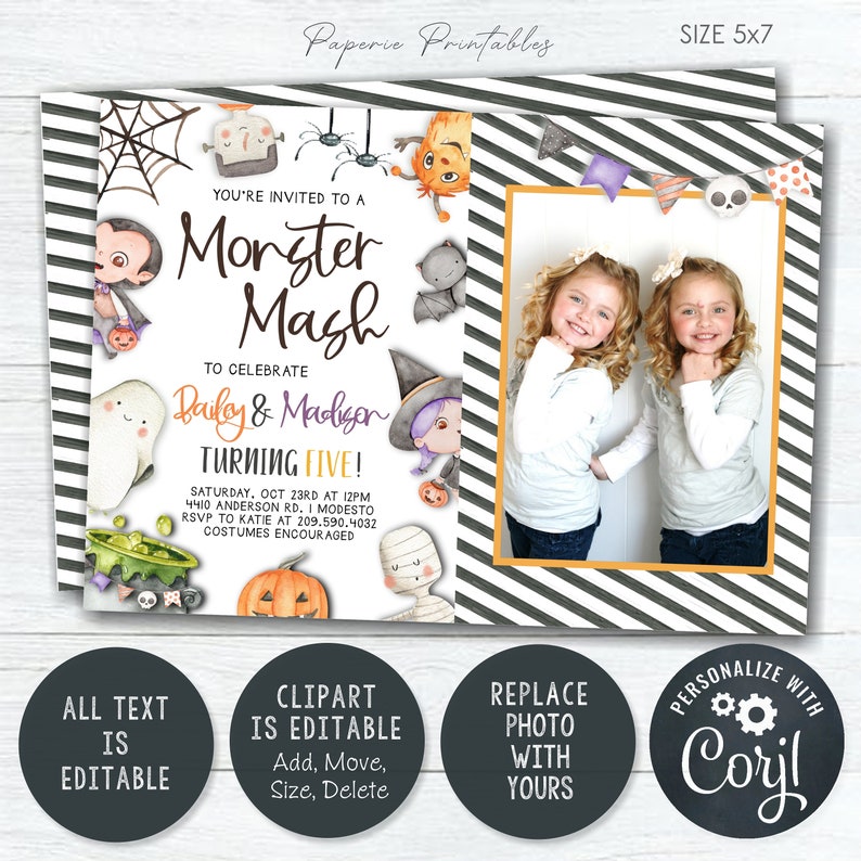 May include: A Halloween party invitation with a black and white striped background. The invitation features a photo frame, a cute monster theme, and the text "You're invited to a Monster Mash to celebrate Bailey & Madison turning five!"
