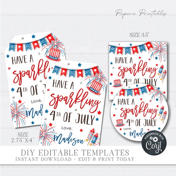 Editable 4th of July Party Favor Tags, 4th of July Tag, Patriotic Party Favor Tags, Sparkling 4th of July Tag - DIY with Corjl - #JULY01