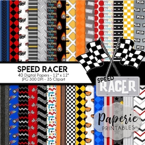 Race Car Digital Paper - 12x12 Digital Scrapbooking Paper - 40 Papers & 35 Clipart - Race Car Scrapbook Paper - Instant Download -
