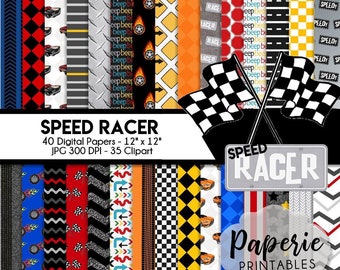 Race Car Digital Paper - 12x12 Digital Scrapbooking Paper - 40 Papers & 35 Clipart - Race Car Scrapbook Paper - Instant Download -