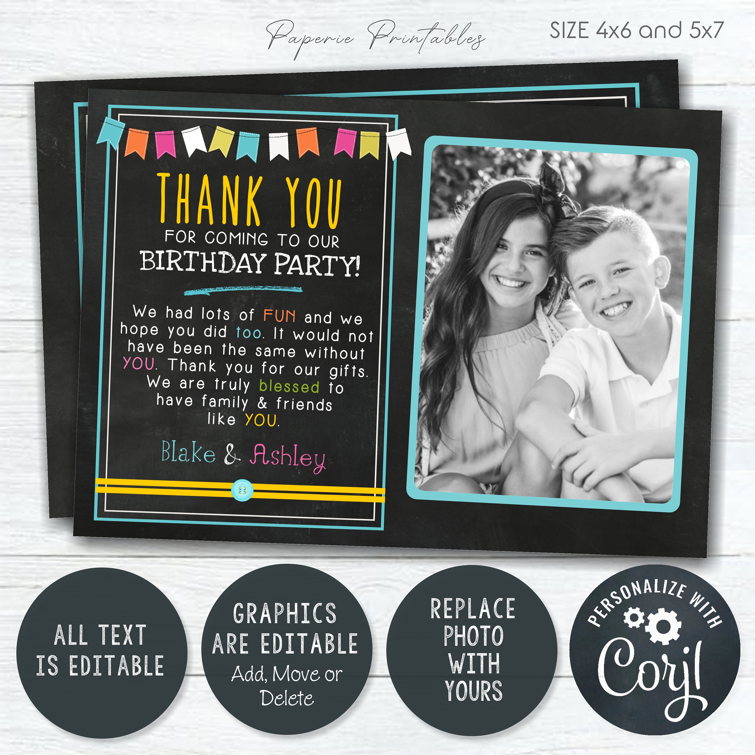 EDITABLE Kids Birthday Thank You Card Colorful Thank You - Etsy