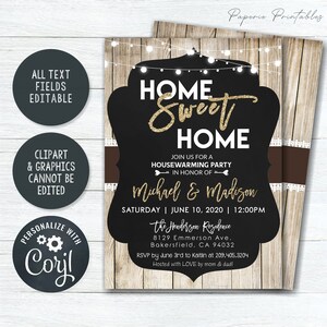 May include: A black and gold housewarming party invitation with a rustic wood background. The invitation reads "Home Sweet Home" with a gold glitter effect. The invitation includes the names "Michael & Madison", the date "June 10, 2020", and the time "12:00PM".