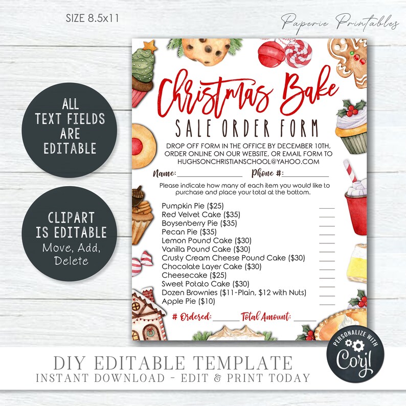 EDITABLE Christmas Pie Sale Order Form Christmas Bake Sale - Etsy