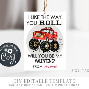 EDITABLE Monster Truck Valentine Cards Kids Valentine Cards School Valentine Tags DIY Editable ...