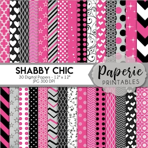 Pink, Silver, Black & White Pattern Digital Paper - 12x12 Digital Scrapbooking Paper - 30 Papers - Teenage Scrapbook Paper - Pink Paper -