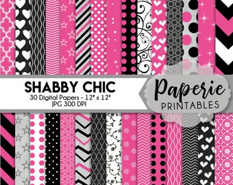 May include: A set of 30 digital papers in a shabby chic style. The papers feature various patterns in pink, black, and white, including polka dots, stars, hearts, and chevron stripes. The papers are 12 inches by 12 inches and 300 DPI.