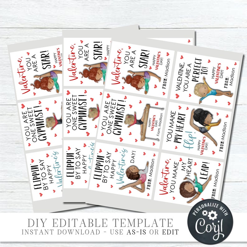 EDITABLE Gymnast Valentine Cards Kid Valentine Cards School - Etsy