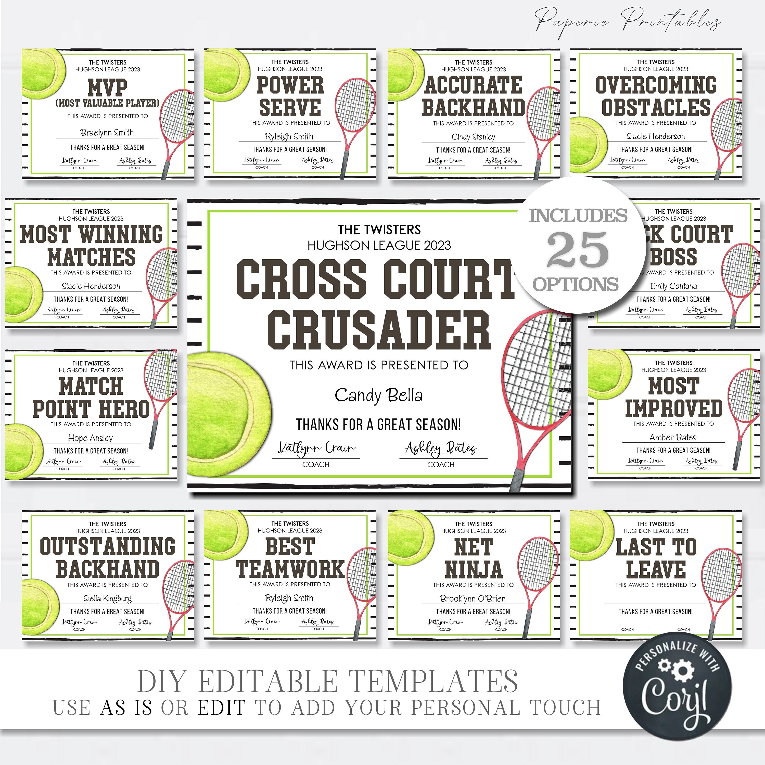 Editable Tennis Award Certificates, Award Ceremony Certificates, End of Season Tennis Award, Soccer Team Party Printables, DIY w/Corjl #CO22