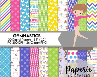 Gymnastics Digital Paper - 12x12 Digital Scrapbooking Paper - 50 Papers - Scrapbooking Paper - Gymnastics Clipart - Instant Download -