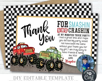 Monster Truck Birthday Thank You Card: DIY Corjl Template #BP10