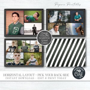 May include: A collage of photos in black frames, showcasing a horizontal layout. The photos feature young people in various settings. The text "Change COLORS to MATCH School Colors" is visible. The design includes a striped black and white pattern.