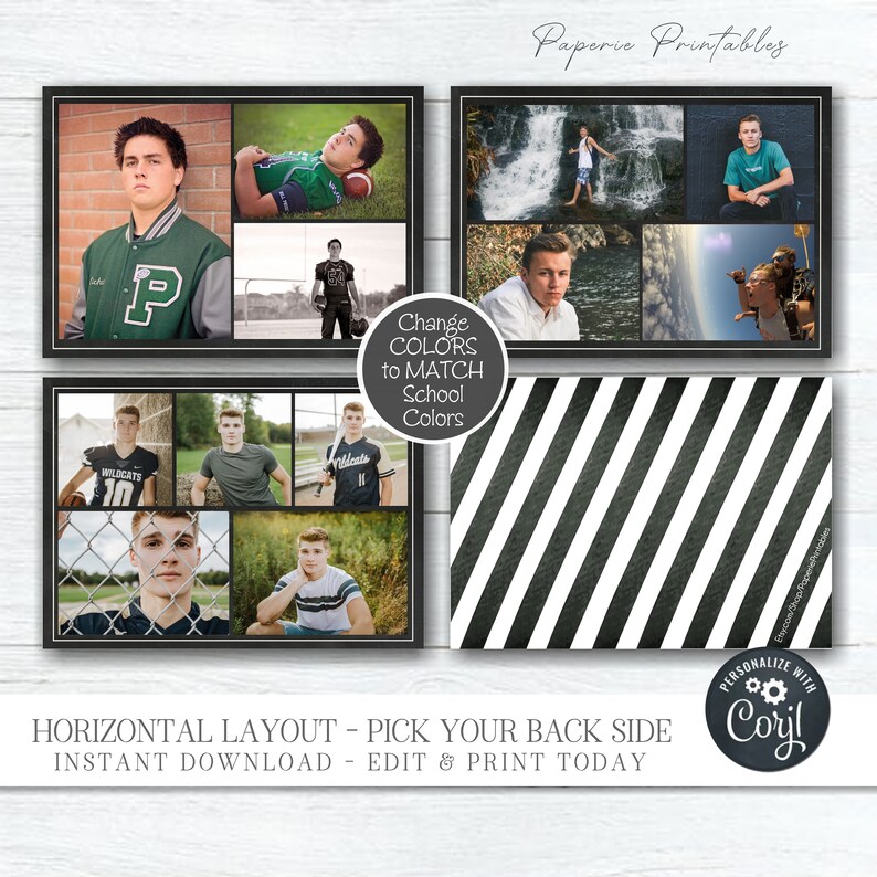 May include: A collage of photos in black frames, showcasing a horizontal layout. The photos feature young people in various settings. The text "Change COLORS to MATCH School Colors" is visible. The design includes a striped black and white pattern.