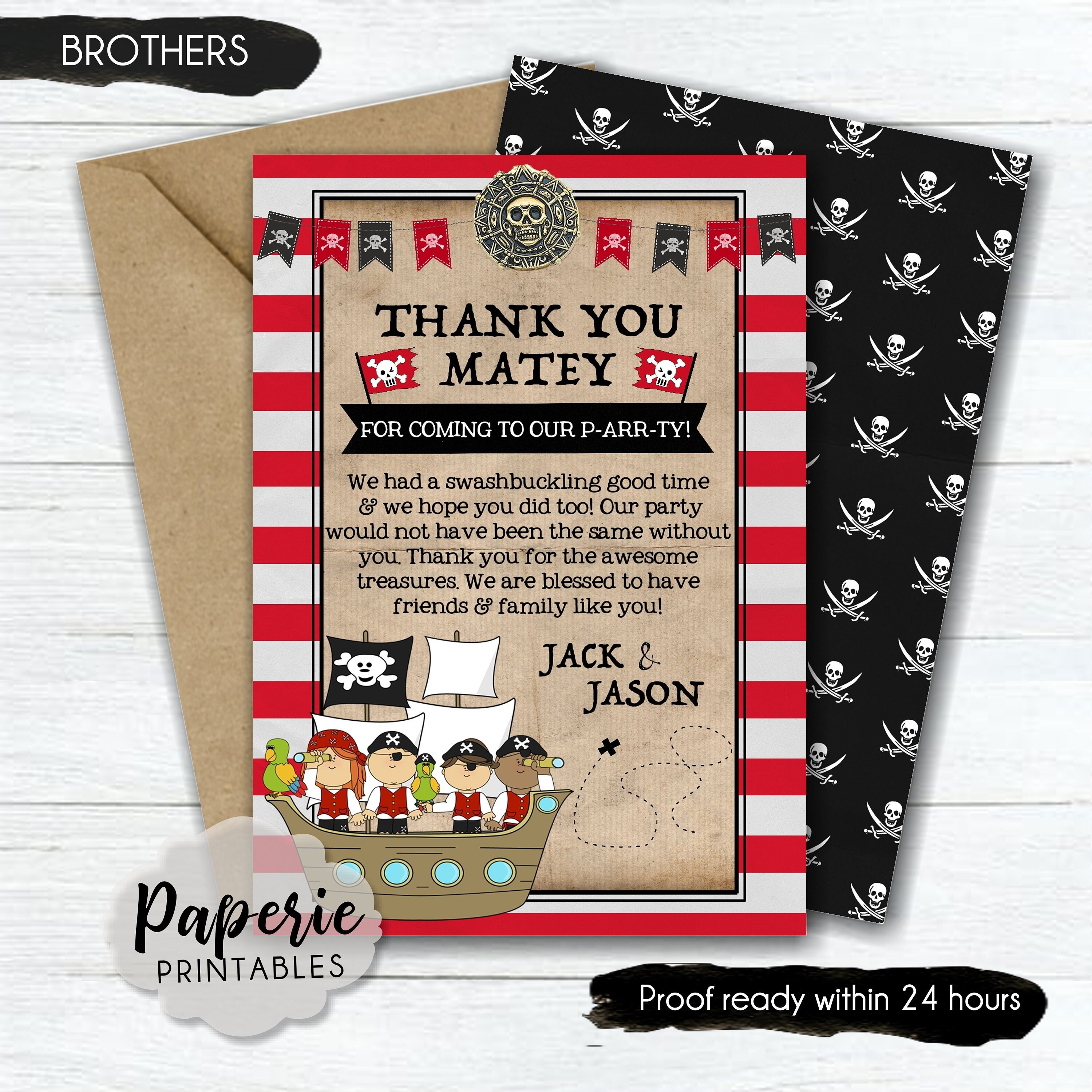 Pirate Birthday Thank You Card Pirate Birthday Party Thank Etsy UK