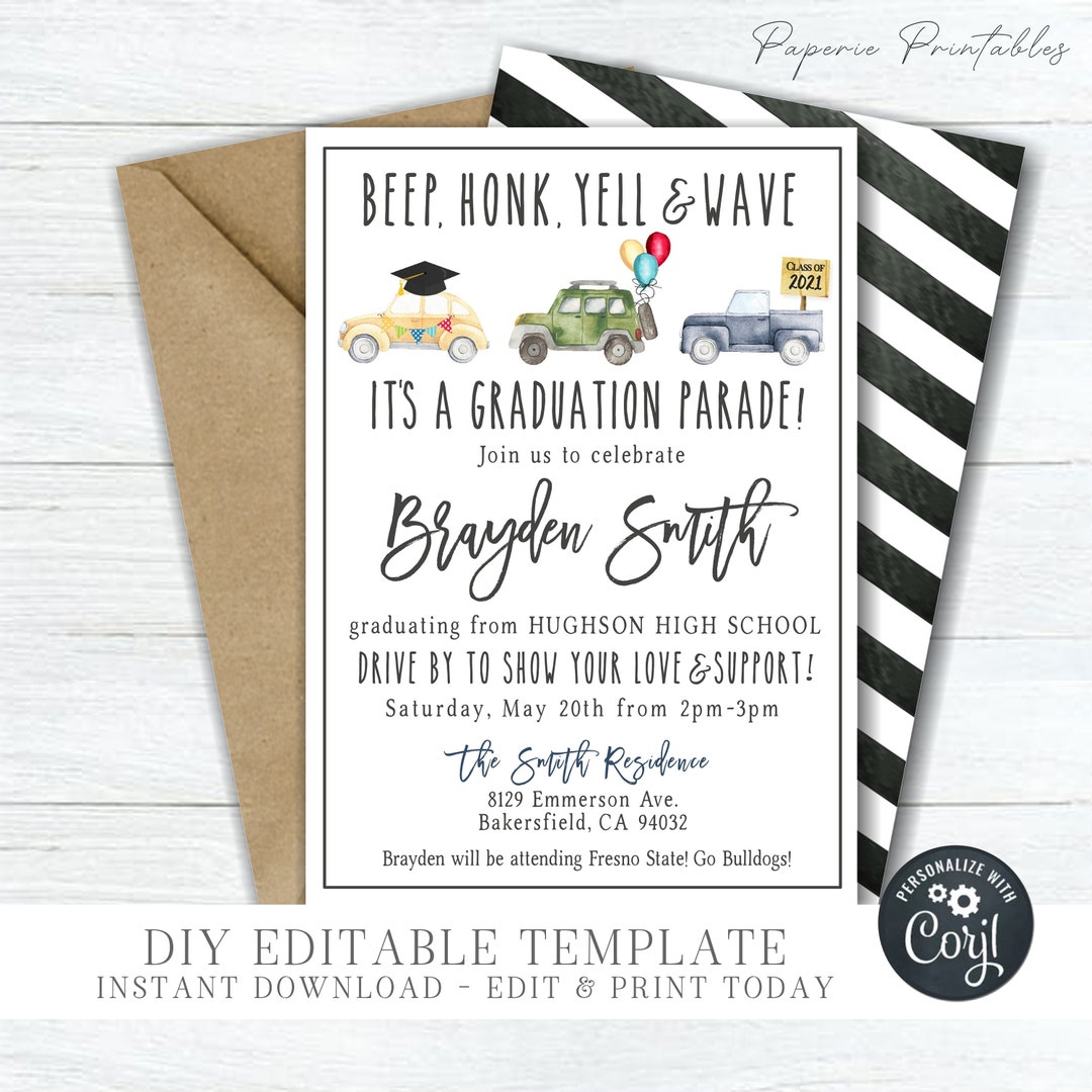 Editable Graduation Parade Invitation: Drive-by Celebration (DIY Corjl ...
