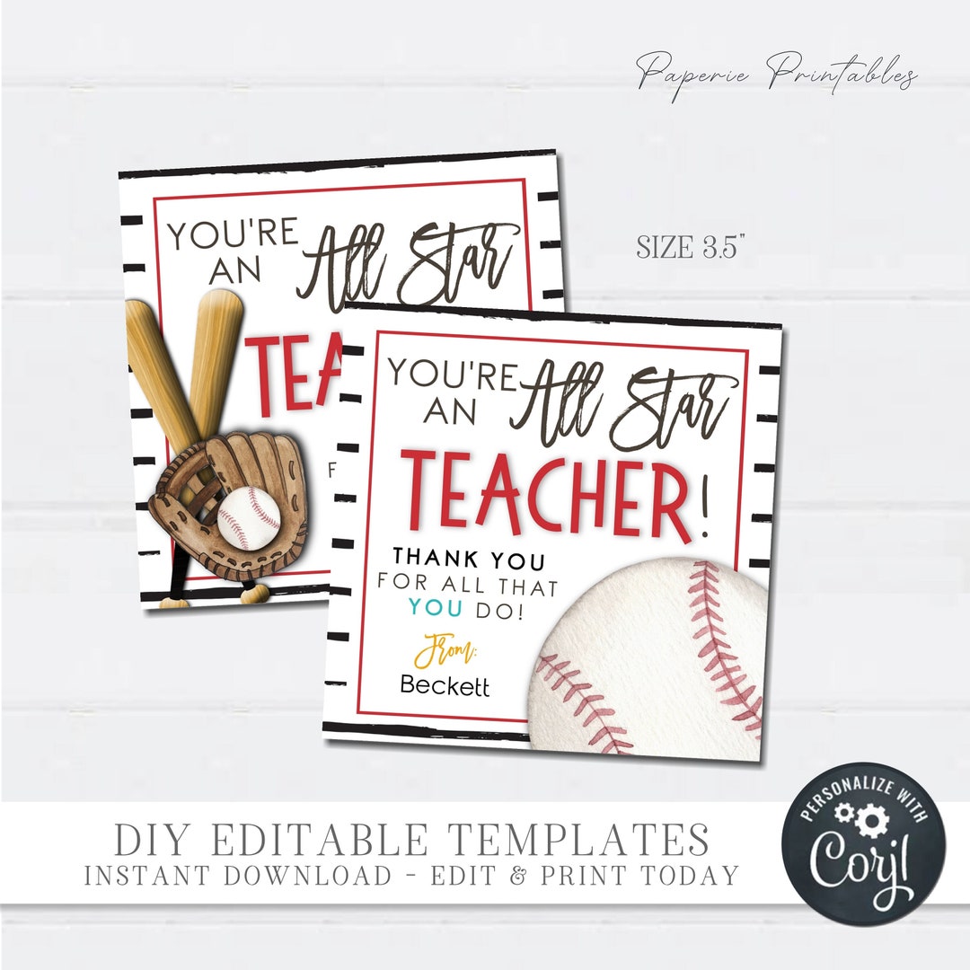 EDITABLE Teacher Appreciation Gift Tag, Baseball Teacher Appreciation Tag, All Star Thank You