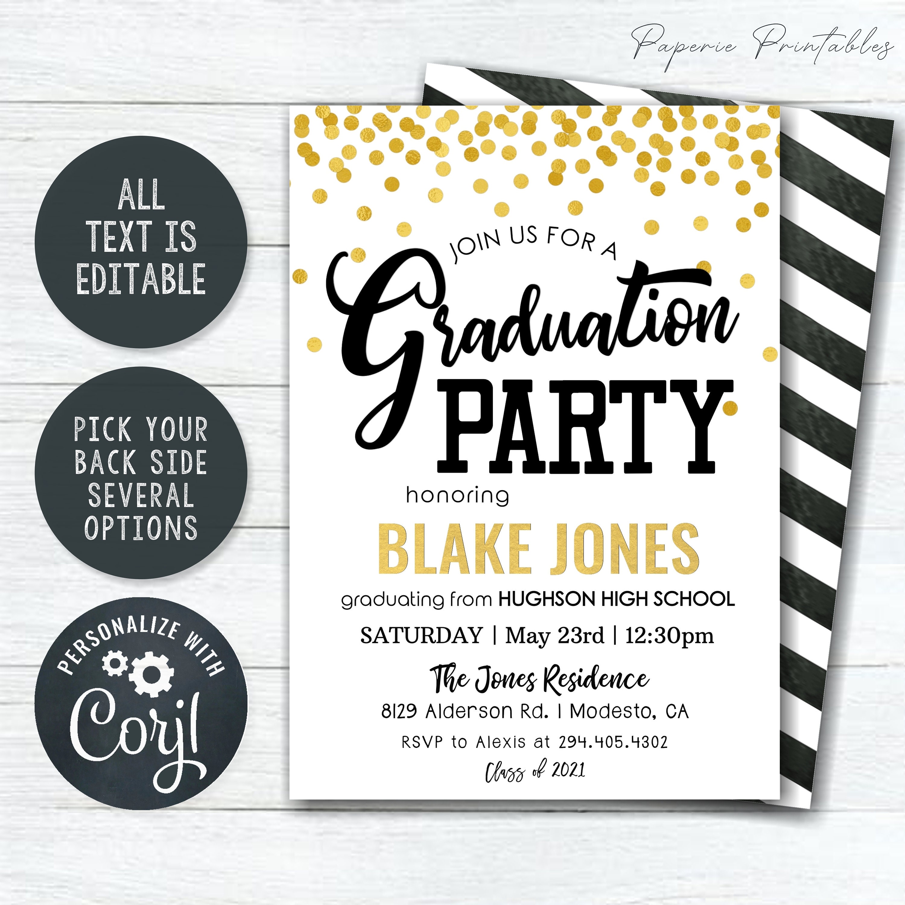 Gold Foil Graduation Party Invitation: Editable Photo Template (DIY Corjl)  #GP07 - Etsy, image size:3000x3000