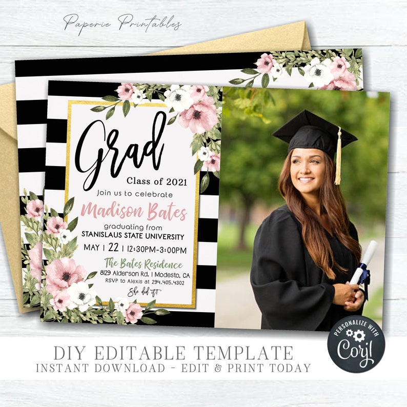 Editable Graduation Party Invitation: Gold Foil Floral Design (DIY ...