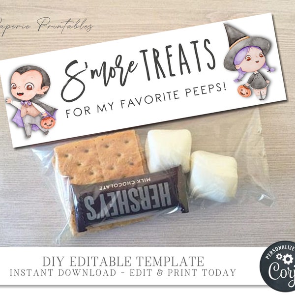 EDITABLE Halloween S'more Treats Bag Label, Halloween Treat Bag Topper, Halloween Favor Gift Labels, Halloween Printable - DIY Corjl #BP129