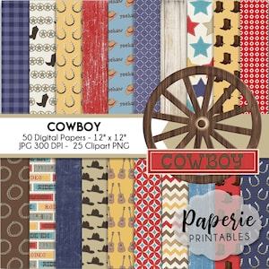 Cowboy Digital Paper - 12x12 Digital Scrapbooking Paper - 50 Papers & 25 Clipart - Cowboy Scrapbook Paper - Instant Download -