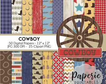 Cowboy Digital Paper - 12x12 Digital Scrapbooking Paper - 50 Papers & 25 Clipart - Cowboy Scrapbook Paper - Instant Download -