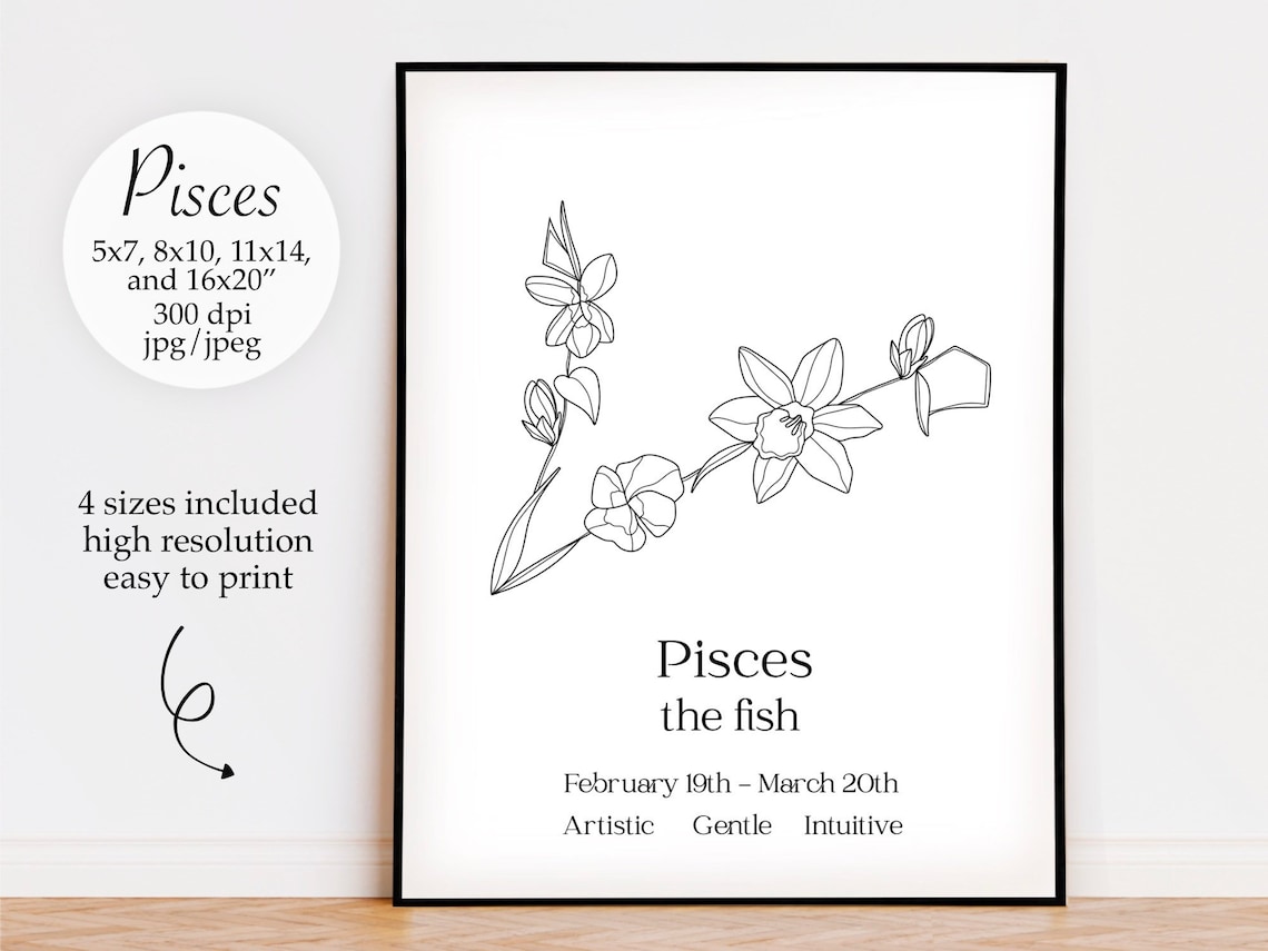 Pisces Astrology Zodiac Birth Flower Constellation Print Etsy
