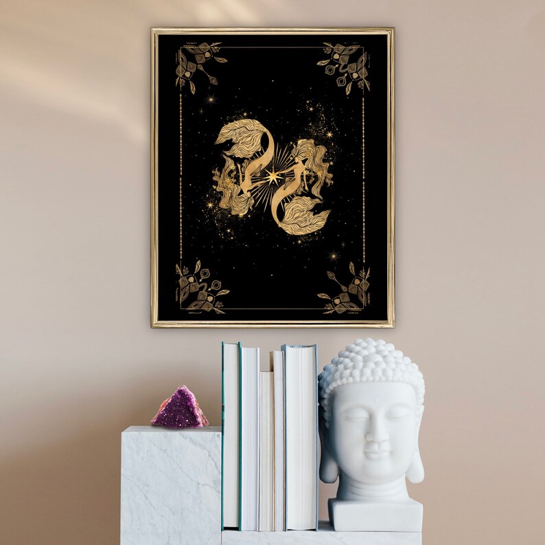 Pisces Zodiac Astrology Wall Art Decor Black Gold Digital Etsy