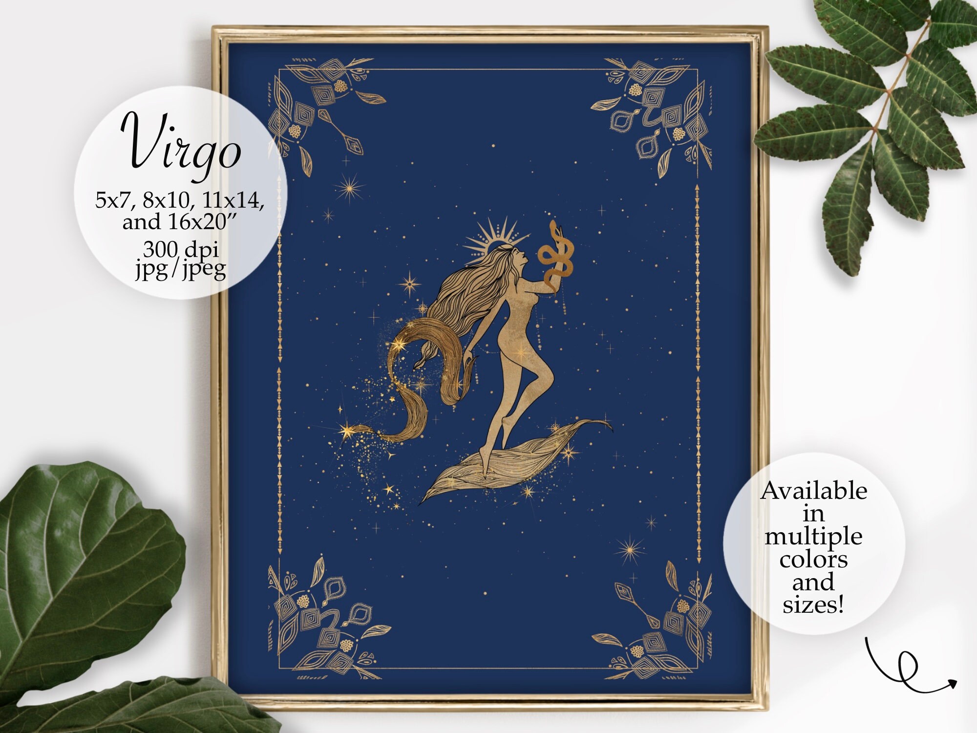 Virgo Zodiac Astrology Wall Art Decor Navy Blue Gold Digital Etsy