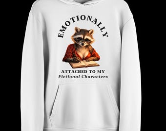 Sudadera con capucha "Emocionalmente apegado a mis personajes de ficción", sudadera con estampado de mapache de libros, regalo para lectores de novelas románticas, camiseta para amantes de los libros, productos de Poppy Corn.
